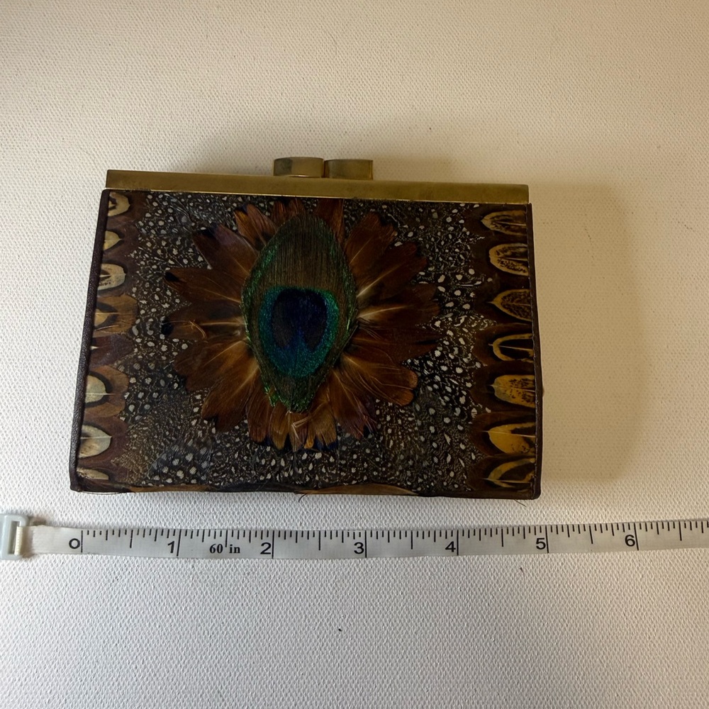 VTG 60s/70s Peacock & Pheasant Feather Clutch Wallet | Boho MCM Evening Bag - Picture 12 of 13